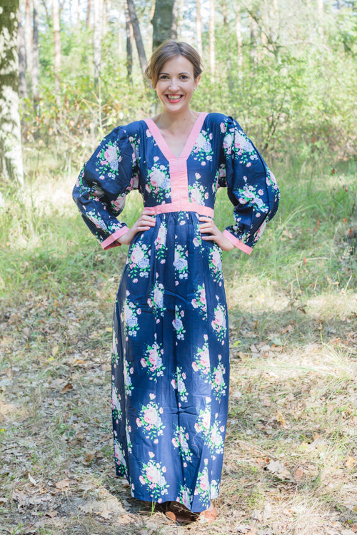 Navy Blue My Peasant Dress Style Caftan in Pink Peonies Pattern|Navy Blue My Peasant Dress Style Caftan in Pink Peonies Pattern|Pink Peonies