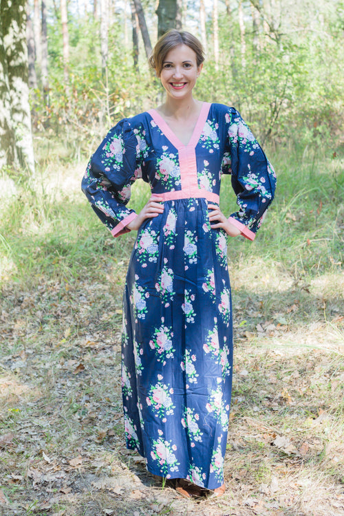 Navy Blue My Peasant Dress Style Caftan in Pink Peonies Pattern