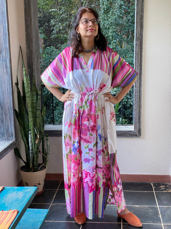 Floral Watercolor Painting V-Neck, Cinched Waist Ankle Length Kaftan