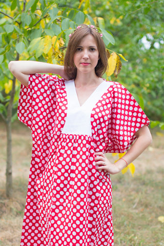 Red Flowing River Style Caftan in Polka Dots Pattern