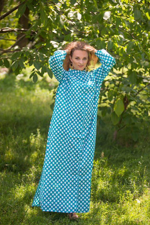 Teal Charming Collars Style Caftan in Polka Dots Pattern