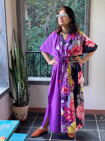 Jungle of Flowers V-Neck, Cinched Waist Ankle Length Caftan