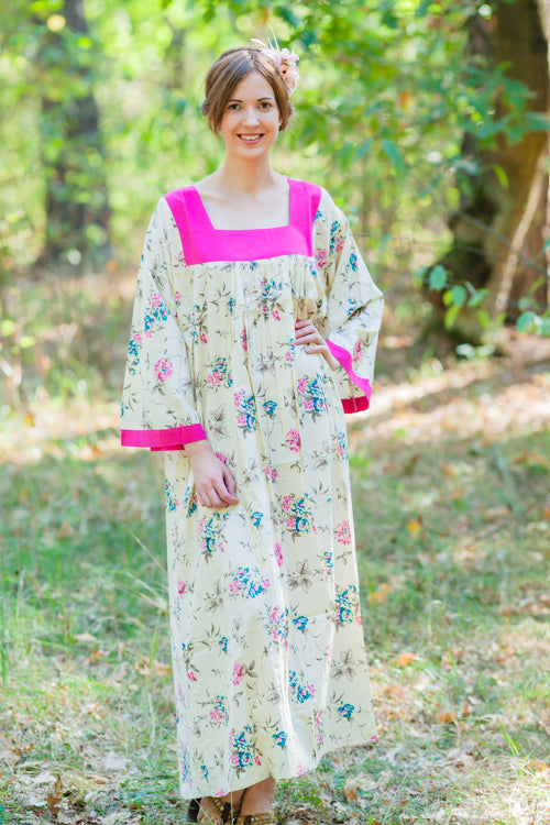 Light Yellow Fire Maiden Style Caftan in Romantic Florals Pattern