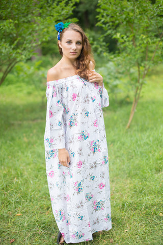 White Serene Strapless Style Caftan in Romantic Florals Pattern