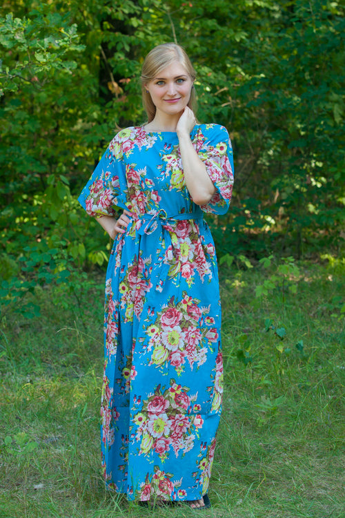 Blue Mademoiselle Style Caftan in Rosy Red Posy Pattern