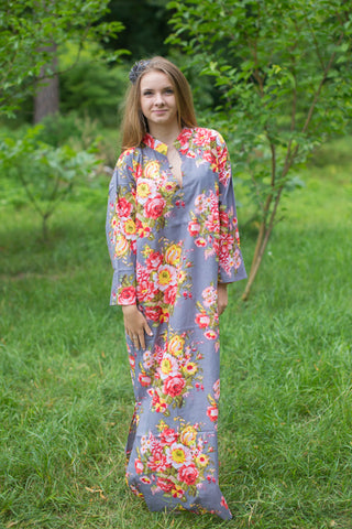 Gray Mandarin On My Mind Style Caftan in Rosy Red Posy Pattern