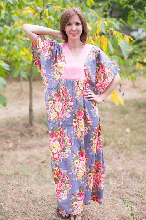 Gray Flowing River Style Caftan in Rosy Red Posy Pattern