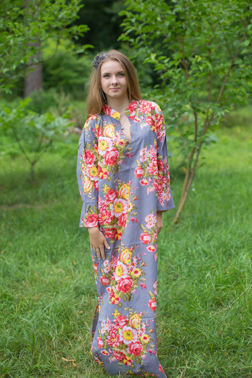 Gray Mandarin On My Mind Style Caftan in Rosy Red Posy Pattern