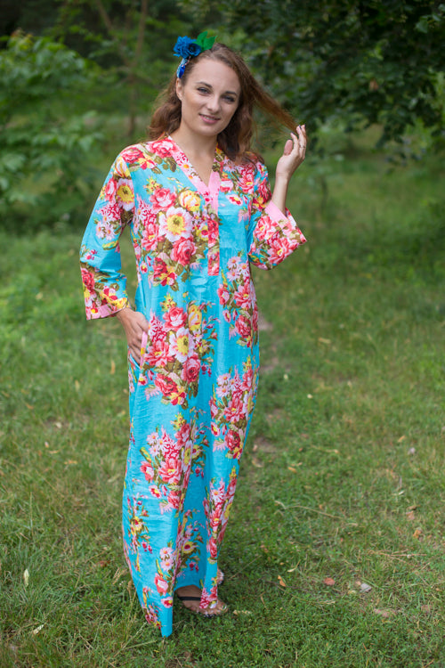 Light Blue Simply Elegant Style Caftan in Rosy Red Posy Pattern