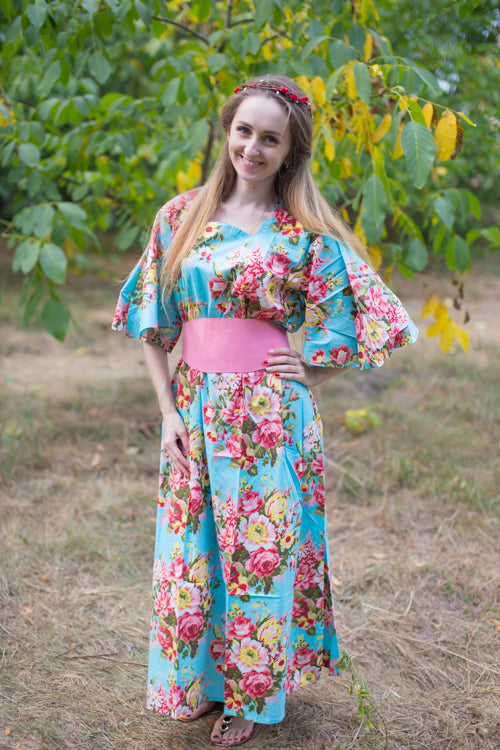 Light Blue Beauty, Belt and Beyond Style Caftan in Rosy Red Posy