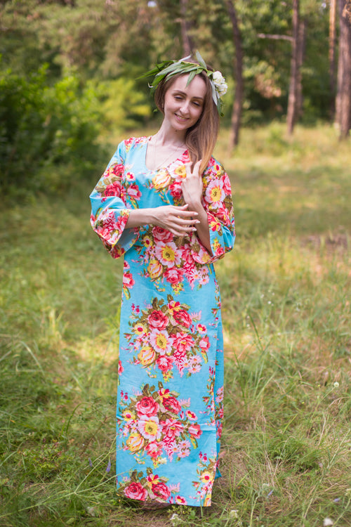 Light Blue The Unwind Style Caftan in Rosy Red Posy Pattern