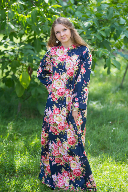 Navy Blue Charming Collars Style Caftan in Rosy Red Posy Pattern|Navy Blue Charming Collars Style Caftan in Rosy Red Posy Pattern|Rosy Red Posy