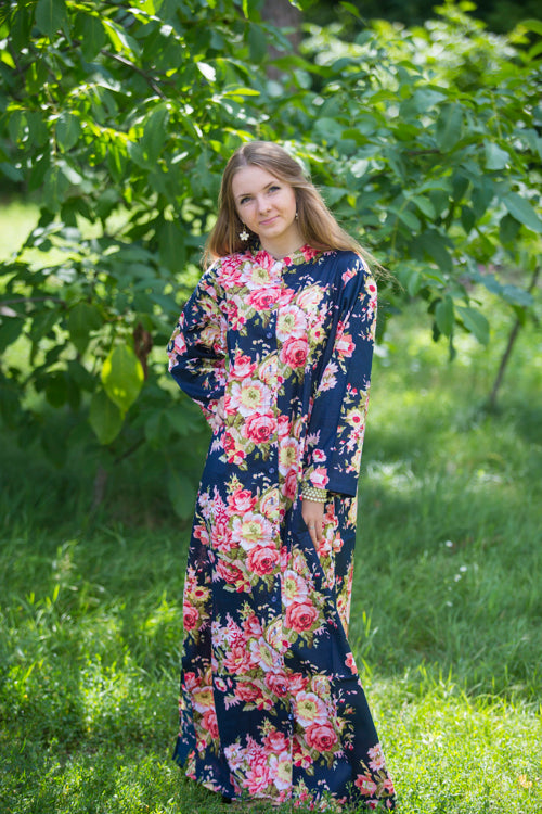 Navy Blue Charming Collars Style Caftan in Rosy Red Posy Pattern