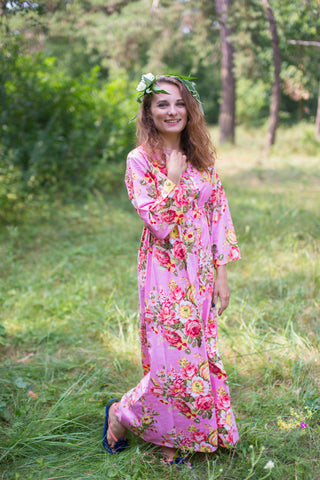 Pink Button Me Down Style Caftan in Rosy Red Posy Pattern
