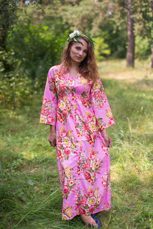 Pink Button Me Down Style Caftan in Rosy Red Posy Pattern