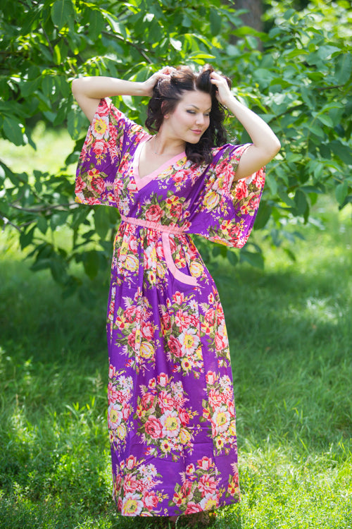 Purple Breezy Bohemian Style Caftan in Rosy Red Posy Pattern | Laughing Cherries Purple Breezy Bohemian Style Caftan in Rosy Red Posy Pattern | Laughing Cherries