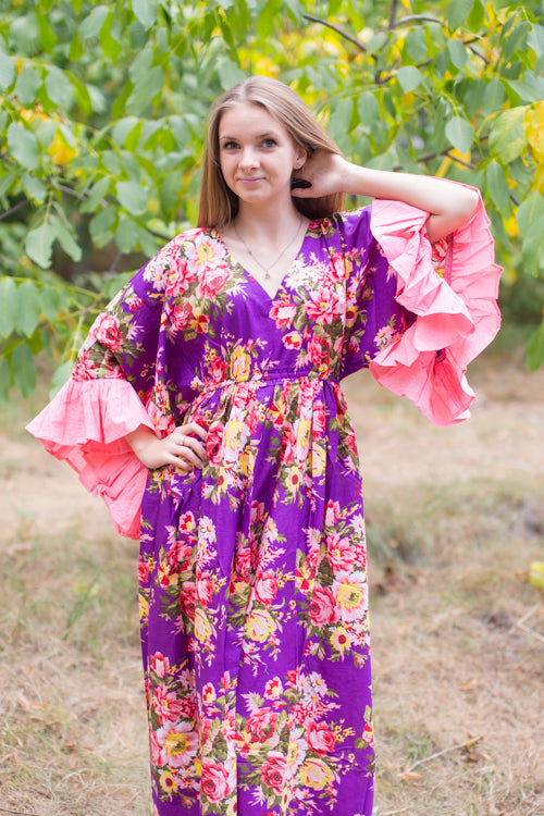 Purple Frill Lovers Style Caftan in Rosy Red Posy Pattern