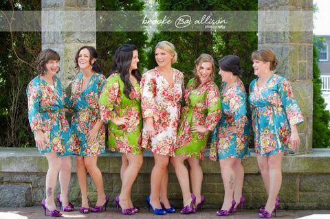 Mismatched Rosy Red Posy Patterned Bridesmaids Robes in Jewel Tones