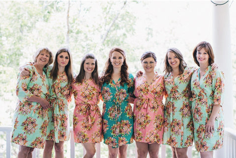 Mismatched Floral Posy Patterned Bridesmaids Robes in Soft Tones