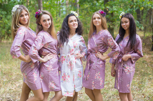 Faded Flowers Pattern Bridesmaids Robes|Amethyst Purple Faded Flowers Pattern Bridesmaids Robes|Faded Flowers|1