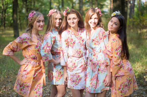 Peach & Sky Blue Wedding Colors Bridesmaids Robes, Kimono Robes