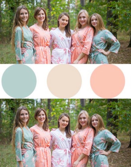Grayed Jade & Peach Wedding Colors Bridesmaids Robes, Kimono Robes Grayed Jade & Peach Wedding Colors Bridesmaids Robes, Kimono Robes