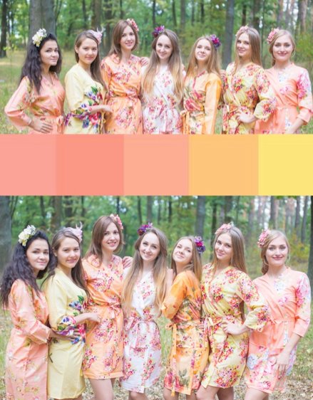 Peach and Yellow Wedding Colors Bridesmaids Robes | Laughing Cherries Peach and Yellow Wedding Colors Bridesmaids Robes | Laughing Cherries