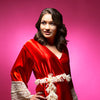Ruby Red Satin Robe with Lace Accented Cuff