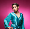 Teal Blue Satin Robe With Brasso Sleeves