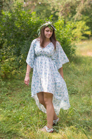 Light Blue High Low Wind Flow Style Caftan in Tiny Blossoms Pattern