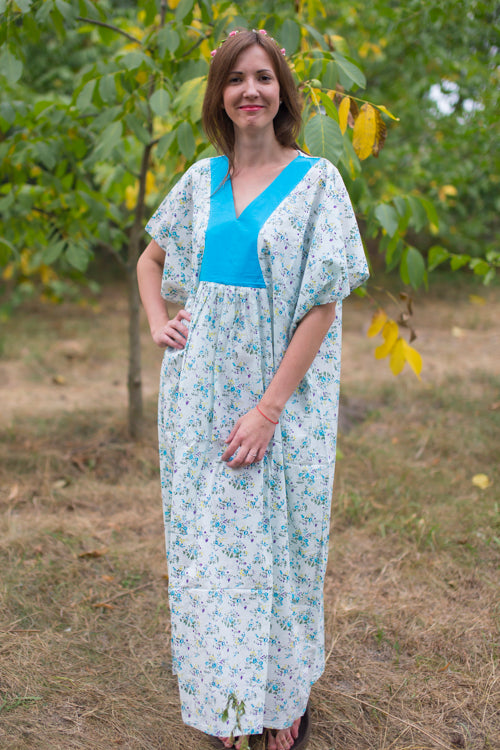 Light Blue Flowing River Style Caftan in Tiny Blossoms Pattern