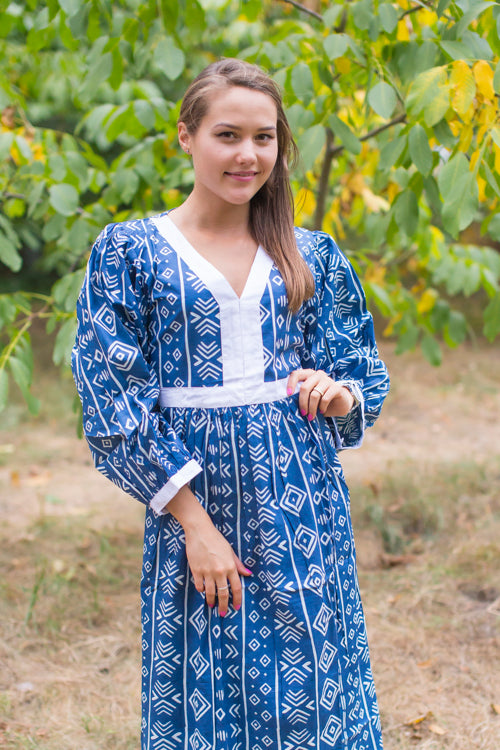 Dark Blue My Peasant Dress Style Caftan in Tribal Aztec Pattern Dark Blue My Peasant Dress Style Caftan in Tribal Aztec Pattern