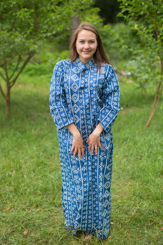 Dark Blue Mandarin On My Mind Style Caftan in Tribal Aztec Pattern