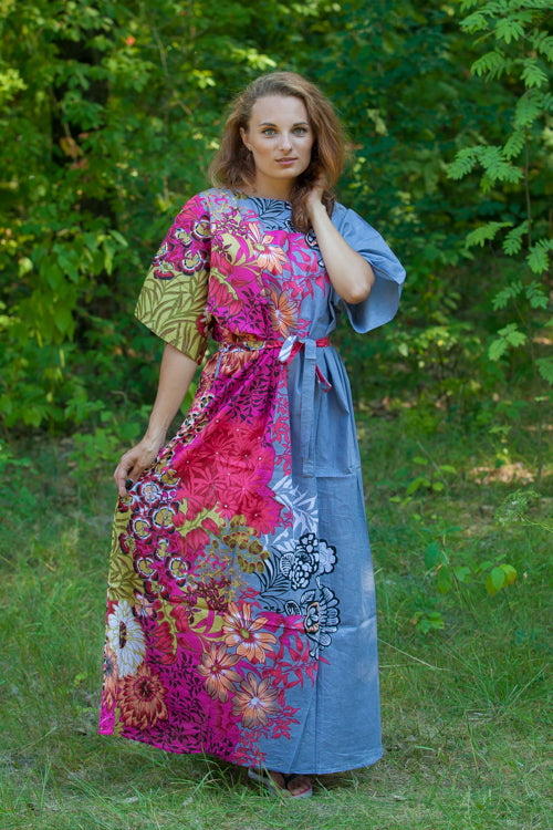 Gray Mademoiselle Style Caftan in Vibrant Foliage Pattern