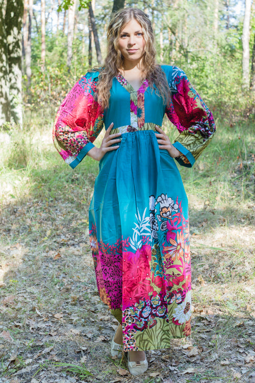 peasant dress for women Teal My Peasant Dress Style Caftan in Vibrant Foliage Pattern