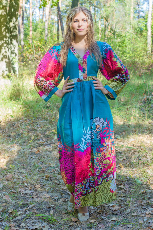Teal My Peasant Dress Style Caftan in Vibrant Foliage Pattern | Laughing Cherries Teal My Peasant Dress Style Caftan in Vibrant Foliage Pattern | Laughing Cherries