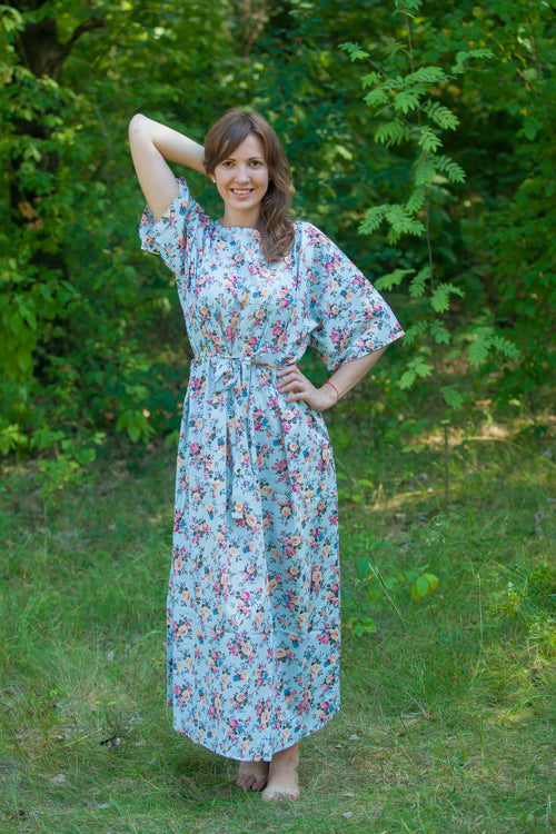 Light Blue Mademoiselle Style Caftan in Vintage Chic Floral Pattern