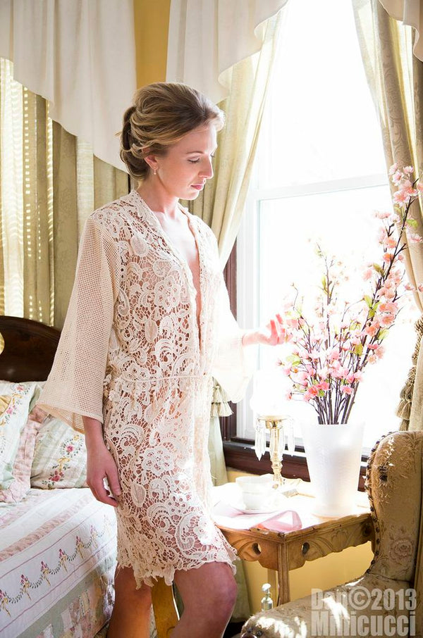 Unlined Ivory Mixed Pattern Lace Robe