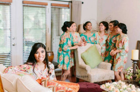 Mismatched Floral Posy Patterned Bridesmaids Robes in Soft Tones