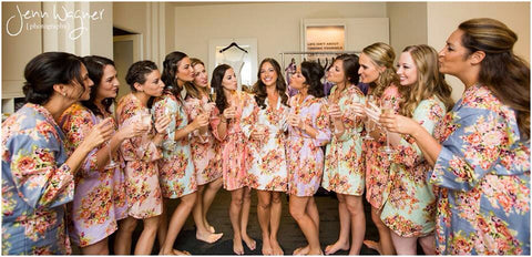 Mismatched Floral Posy Patterned Bridesmaids Robes in Soft Tones