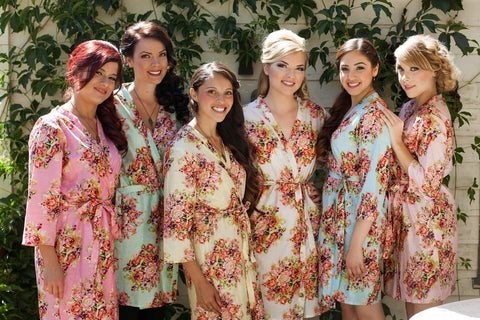 Mismatched Floral Posy Patterned Bridesmaids Robes in Soft Tones
