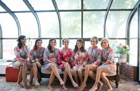 Mismatched Rosy Red Posy Patterned Bridesmaids Robes in Jewel Tones