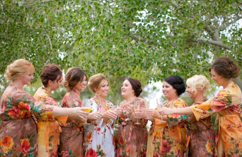 Mismatched Large Floral Blossom Patterned Bridesmaids Robes in Jewel Tones