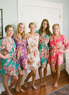 Mismatched Rosy Red Posy Patterned Bridesmaids Robes in Jewel Tones